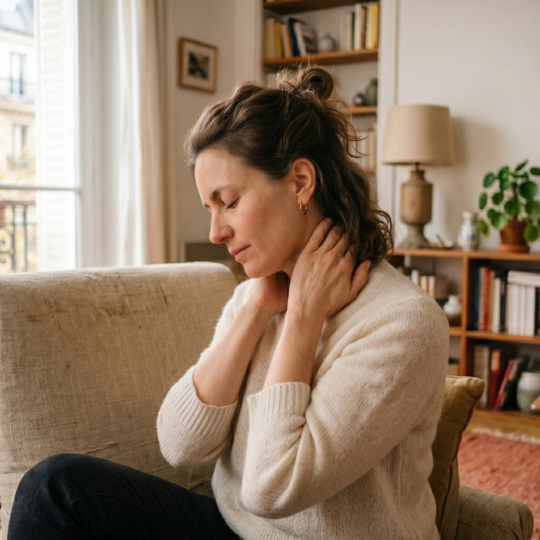 femme se massant la nuque avec les mains, auto-massage tensions cervicales maison Image