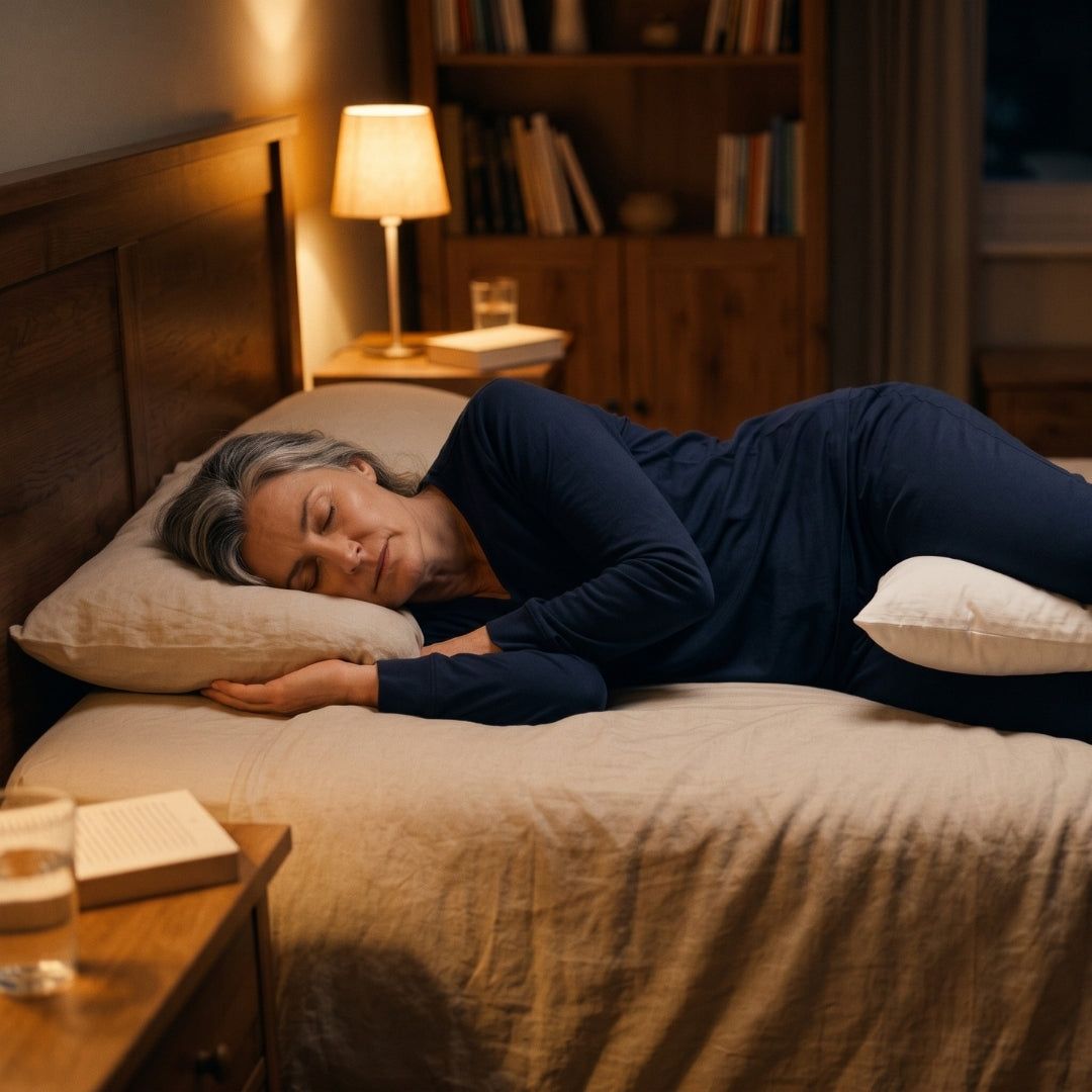 personne allongée sur le côté avec coussin entre les genoux, position sommeil mal de dos lombalgie Image