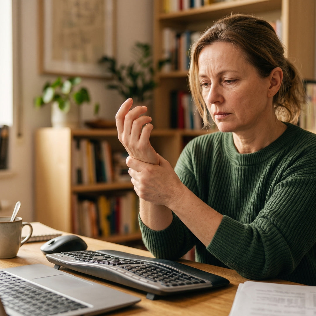 personne tenant son poignet douloureux devant un clavier, douleur poignet télétravail gestes répétitifs Image