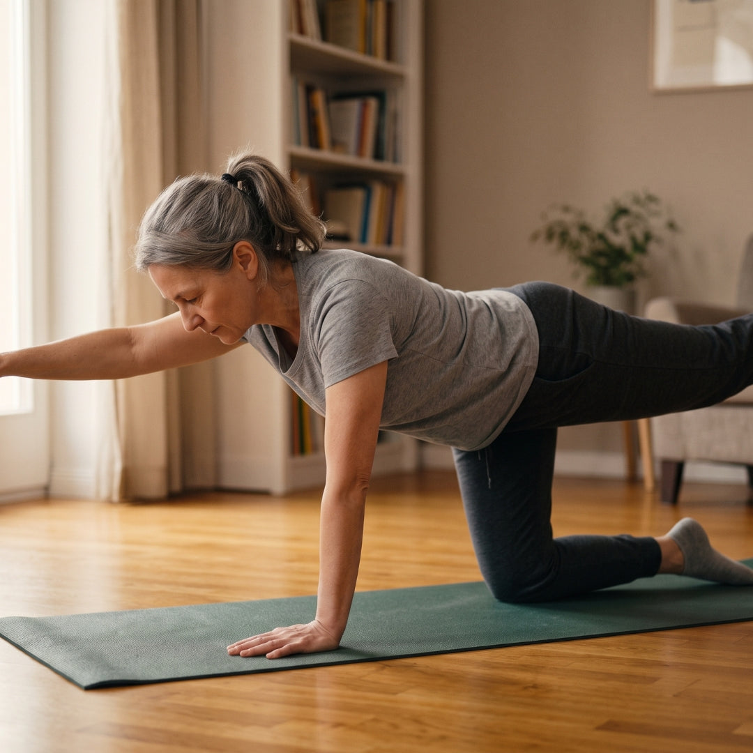 personne réalisant un bird-dog, gainage lombaire exercices renforcement muscles profonds dos Image