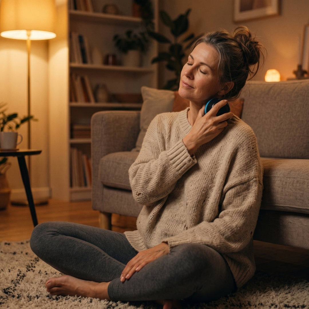 personne réalisant une routine bien-être anti-tensions à domicile, auto-massage, ambiance soir calme Image