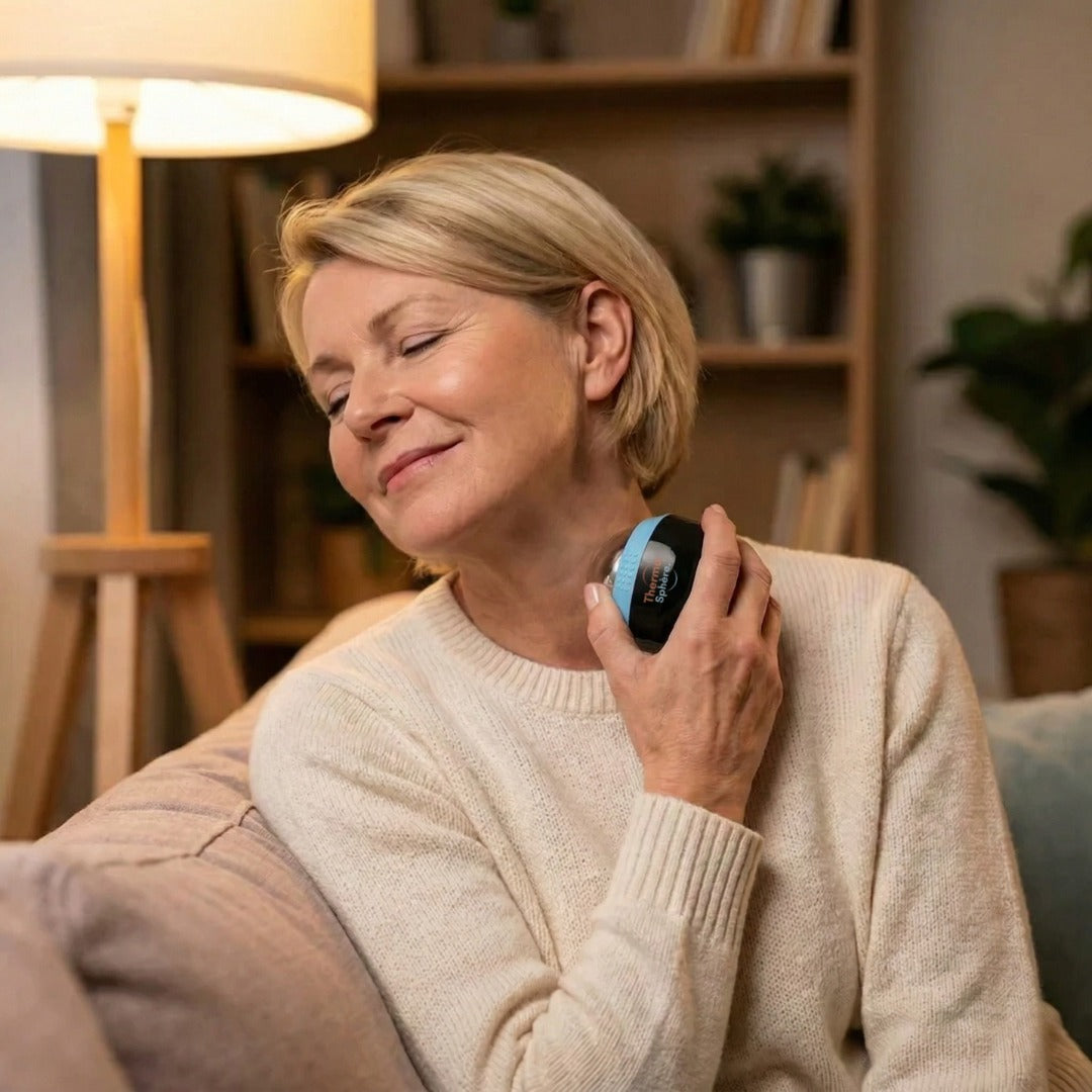 Femme utilisant la balle de massage Thermasphère sur le cou pour apaiser les tensions cervicales Image