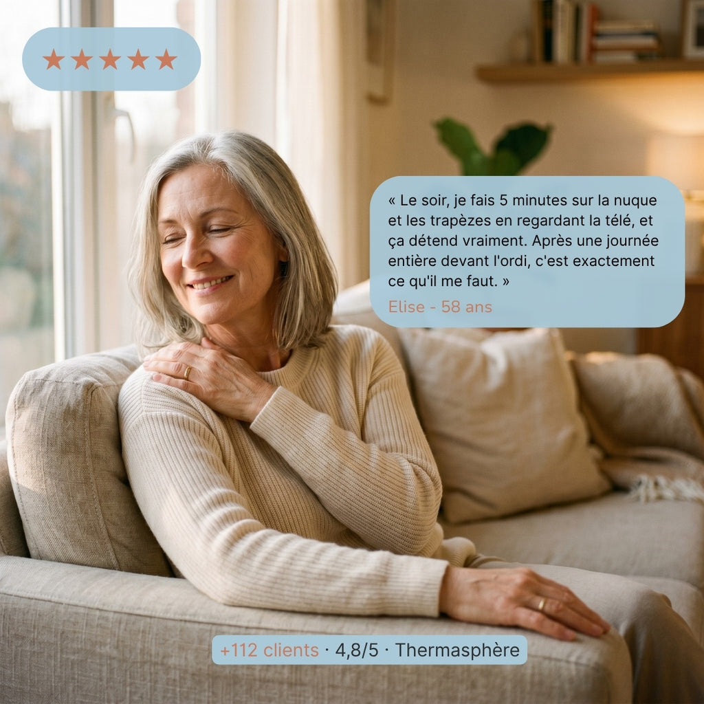 Témoignage client Thermasphère — Elise, 58 ans, soulagement nuque et trapèzes en 5 minutes après une journée de travail