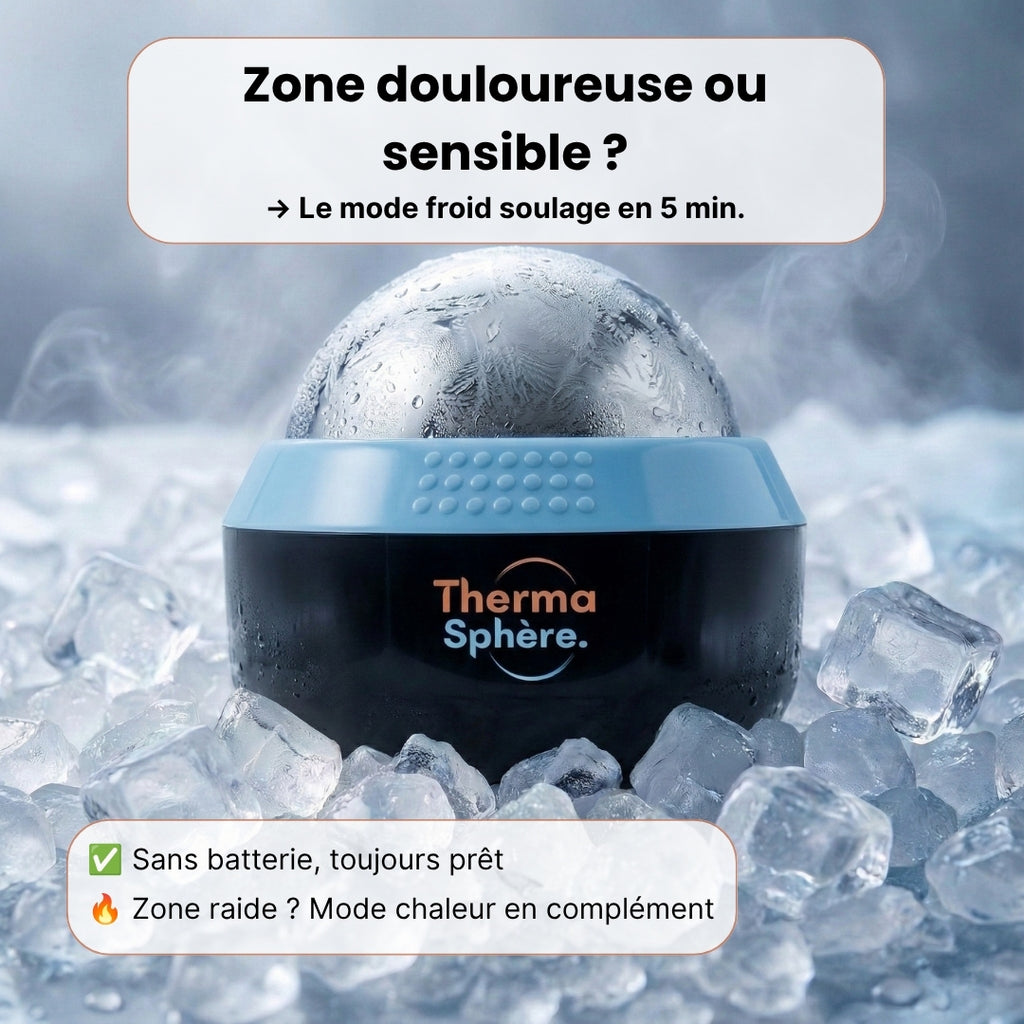 Balle de massage Thermasphère en mode froid sur des glaçons — cryothérapie ciblée sans batterie, avec option mode chaleur en complément