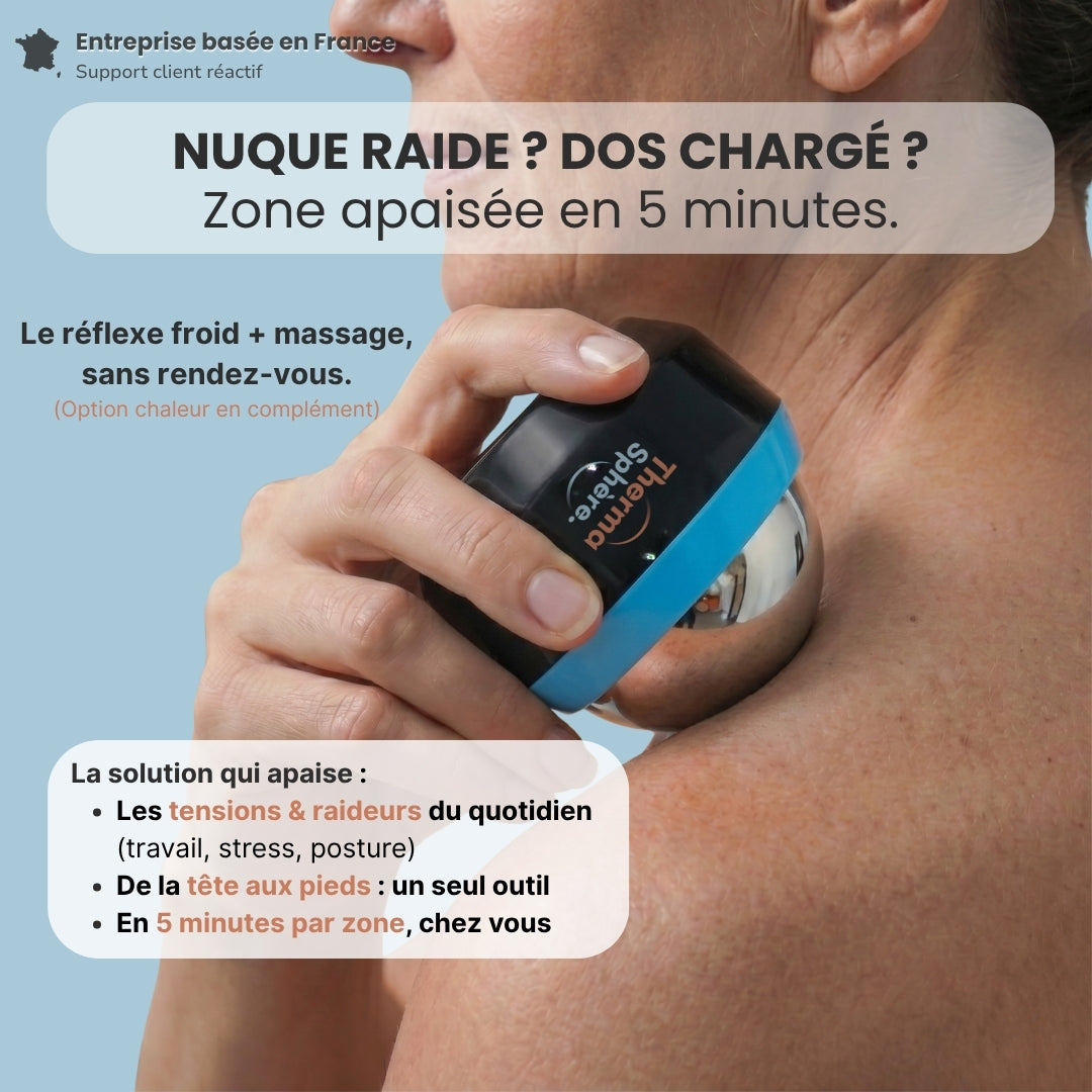 Femme utilisant la balle de massage froid chaud Thermasphère sur la nuque et l'épaule pour apaiser les tensions