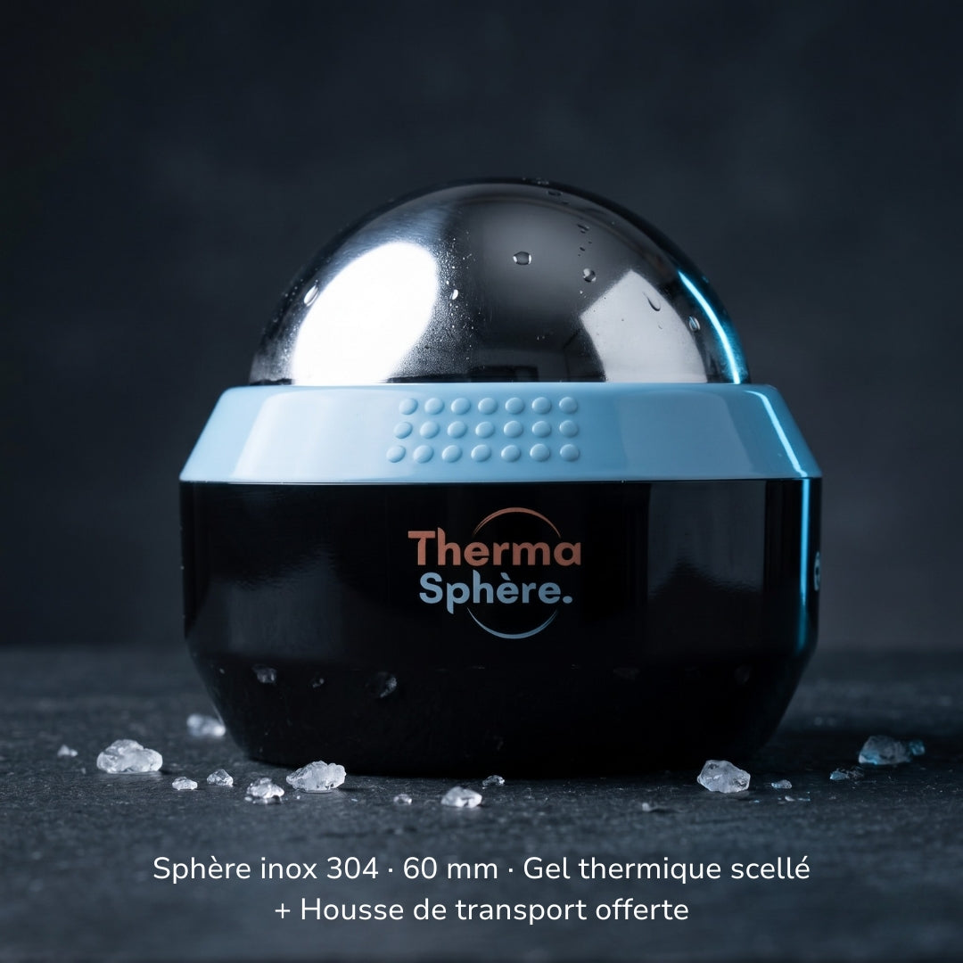 Balle de massage Thermasphère — sphère inox 304 poli miroir 60mm, gel thermique scellé sans fuite, froid jusqu'à 6h et chaleur jusqu'à 40 min