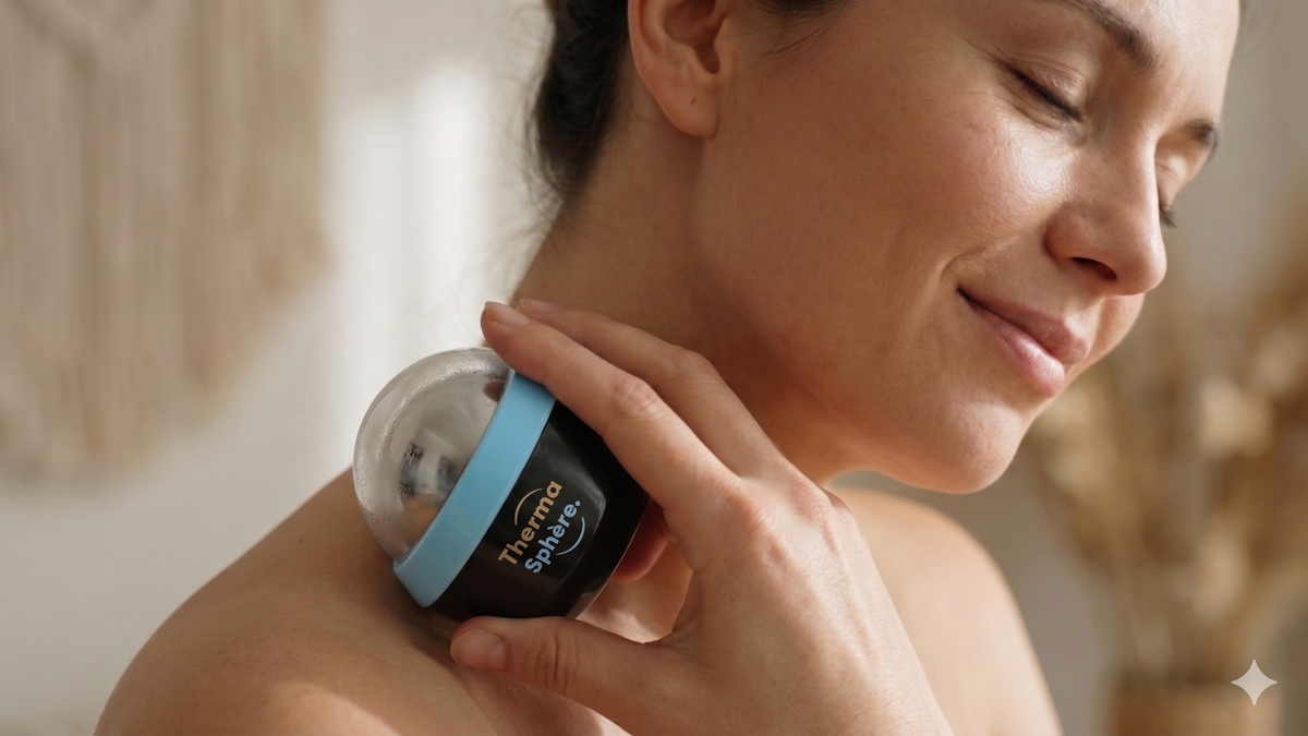 Balle de massage chaud froid Thermasphère utilisée sur la nuque pour apaiser les tensions musculaires et cervicales