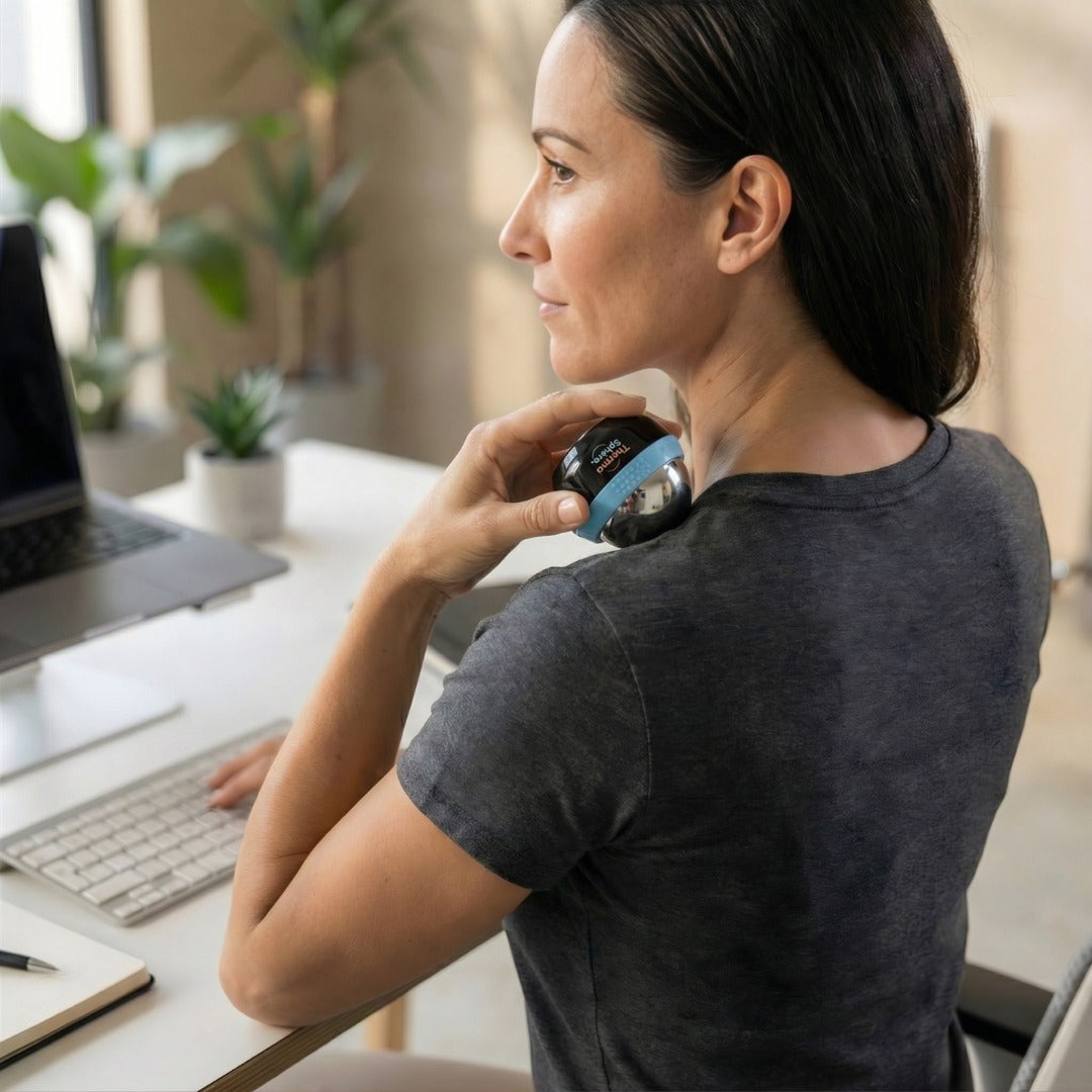 Femme au bureau utilisant la balle de massage Thermasphère sur le trapèze pour apaiser les tensions liées à la posture Image