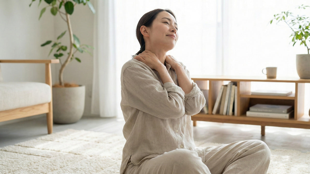 Femme soulageant les tensions cervicales et musculaires au niveau de la nuque et des épaules Image