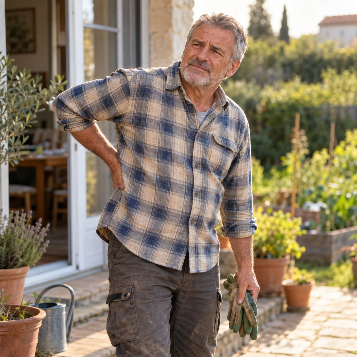 Homme se tenant le bas du dos après le jardinage, tensions musculaires et raideurs du quotidien Image