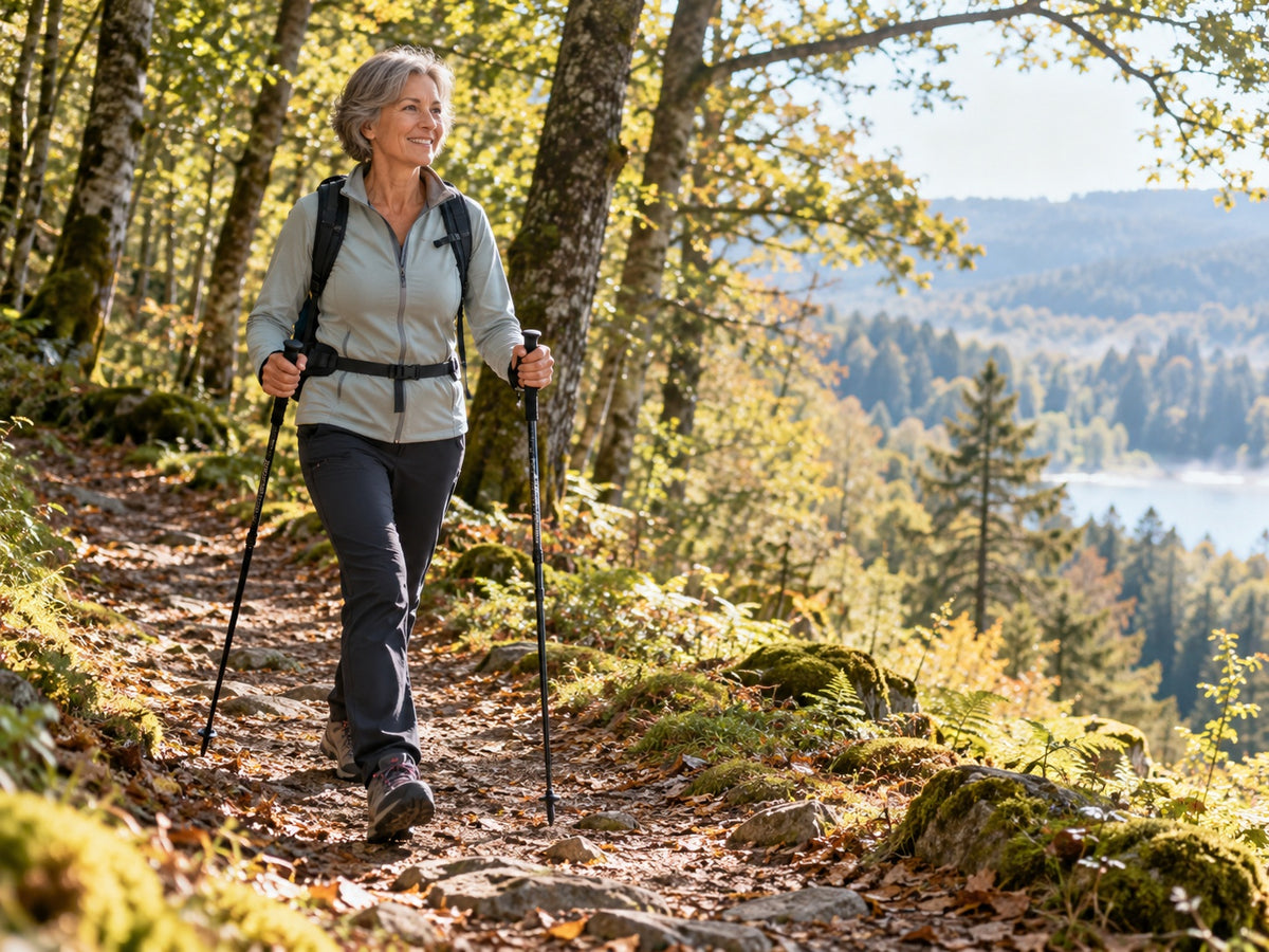 Femme d'une cinquantaine d'années en marche nordique sur un sentier forestier, prévention des blessures et récupération sportive Image