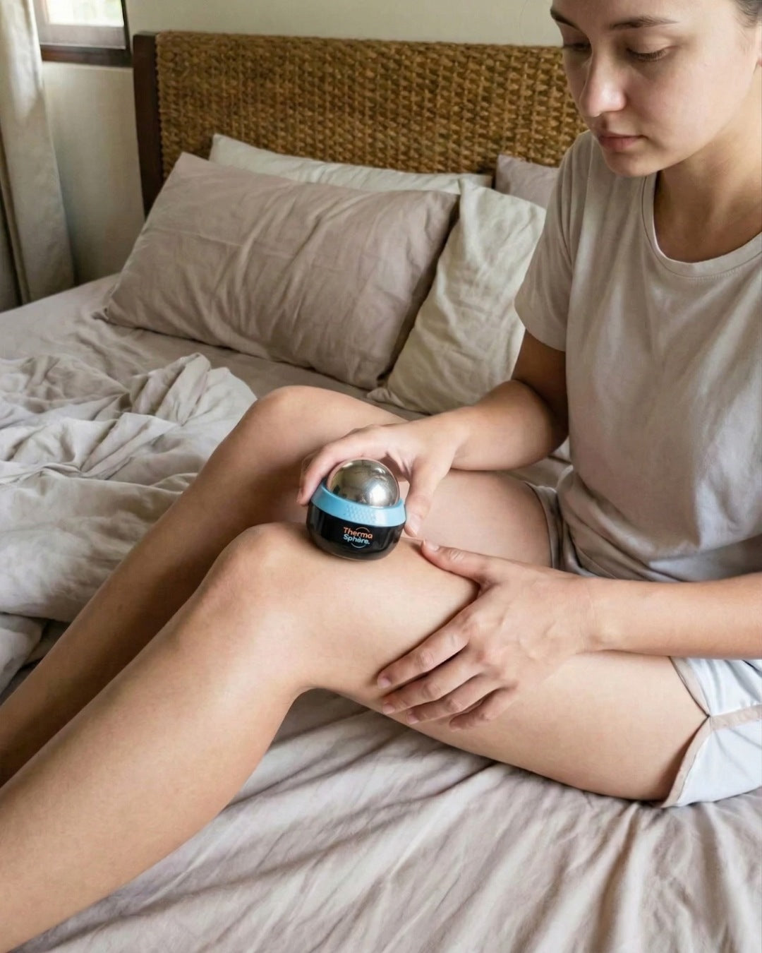 Avis client Thermasphère avec Claire, 32 ans, utilisant la balle de massage chaud froid sur la cuisse Image