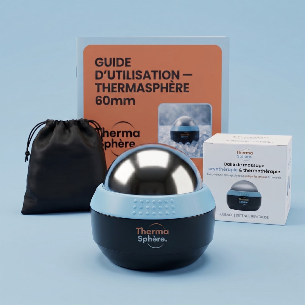 Vous recevez votre balle de massage froid chaud Thermasphère dans sa boîte, avec housse de rangement et guide d'utilisation offerts